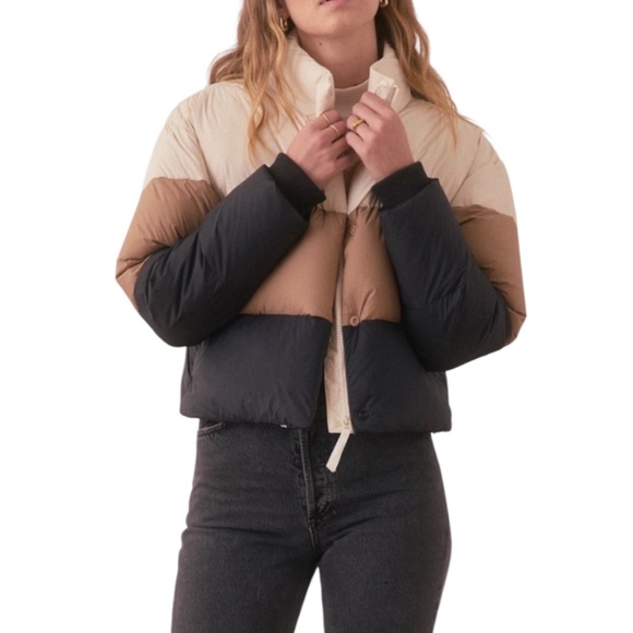 Marine Layer Gia Cropped Neutral Colorblock Down Puffer Jacket Size L - Picture 1 of 7